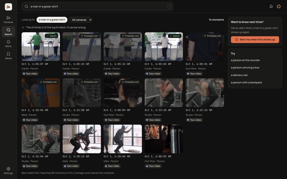 Search results in the app for a man in a green shirt: the AI marks two treadmill moments as a match and the rest of the top 8 as probably not.